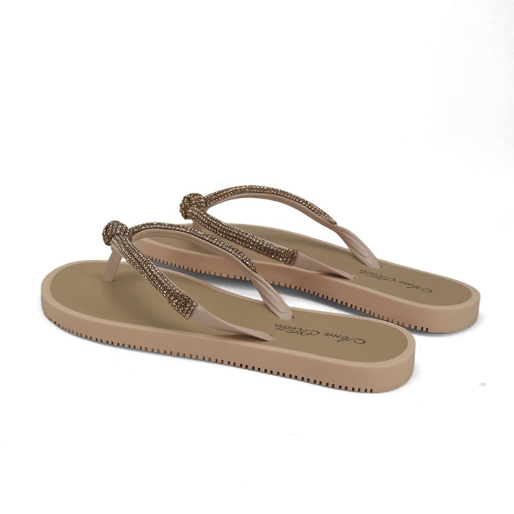 Chinelo de borracha com strass e nó nude Marrom 3