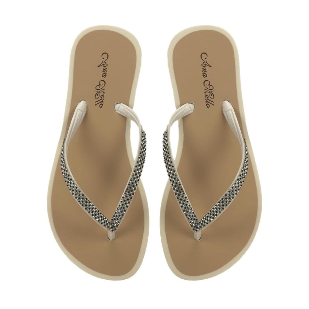 Chinelo de borracha com strass off white Bege 2