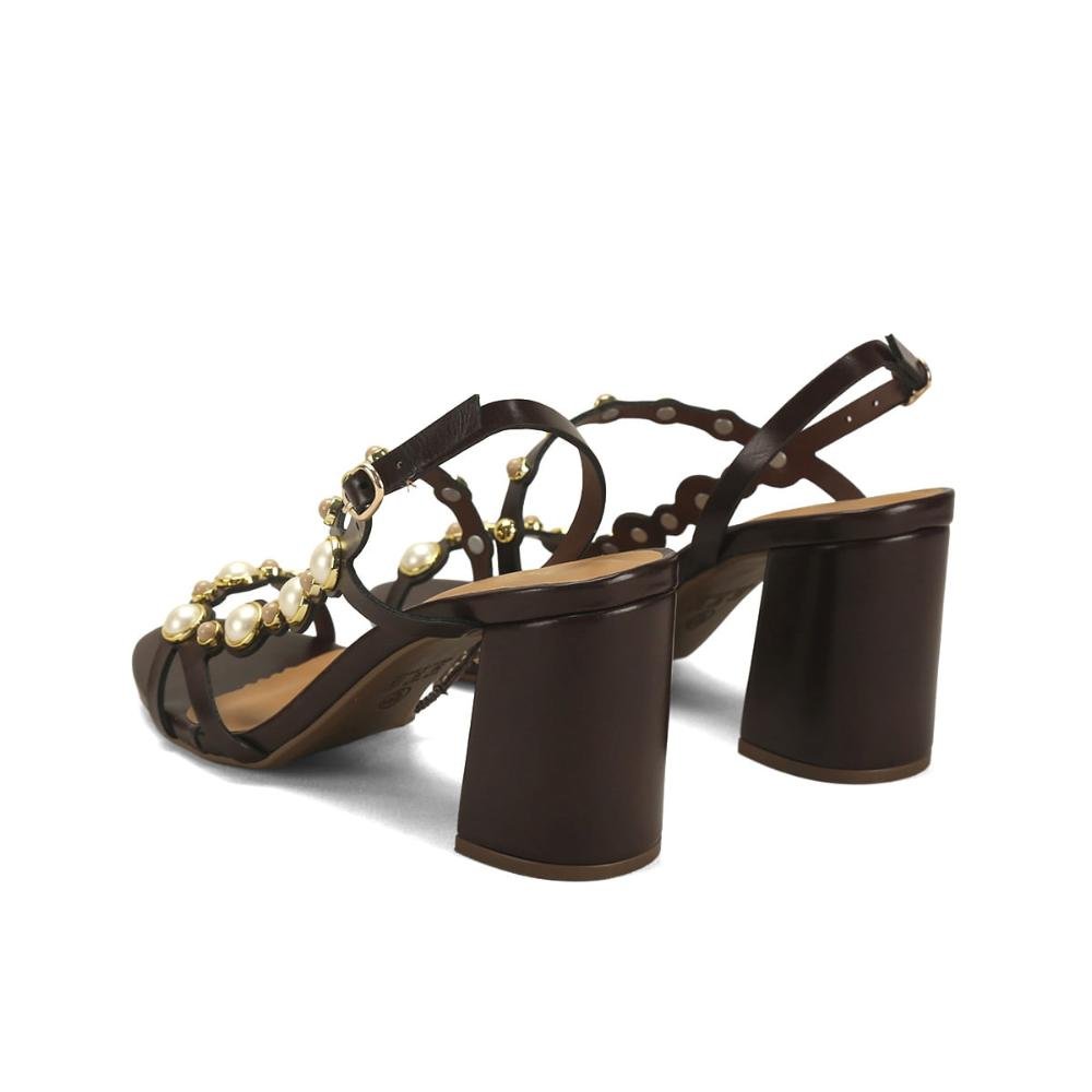 Sandália Pérolas Napa Café Salto Bloco 8,5cm Marrom 3