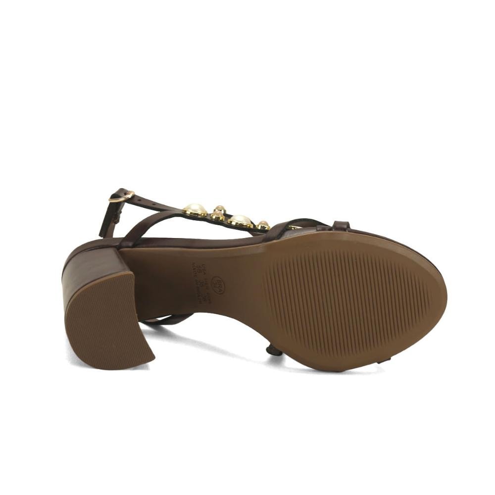 Sandália Pérolas Napa Café Salto Bloco 8,5cm Marrom 5