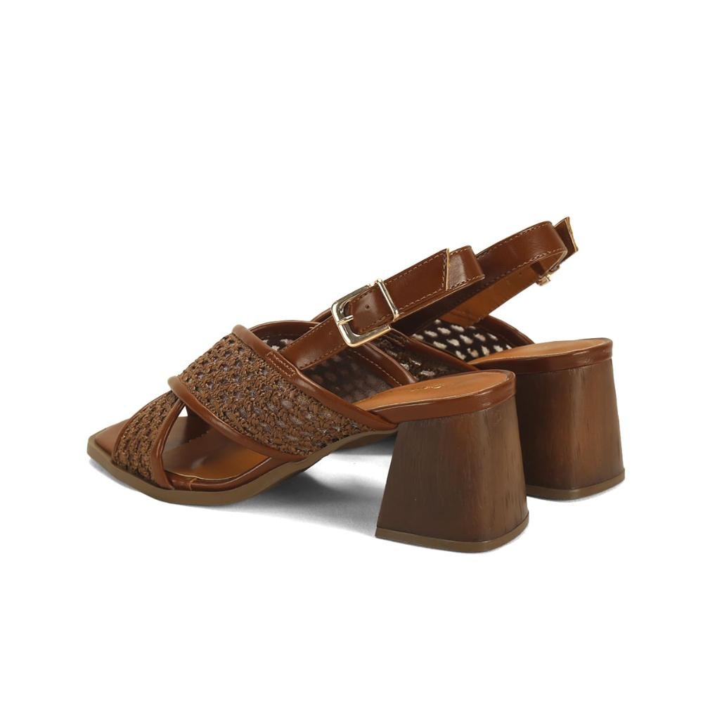 Sandália Salto Bloco Napa Tramada Caramelo 7cm Marrom 3