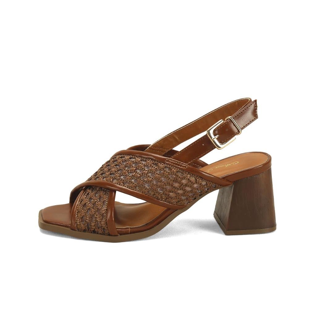 Sandália Salto Bloco Napa Tramada Caramelo 7cm Marrom 4