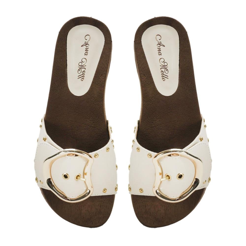 Tamanco com tachas e fivela off white Branco 2