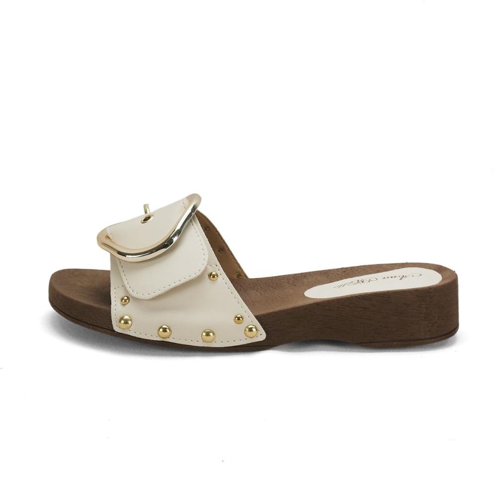 Tamanco com tachas e fivela off white Branco 4