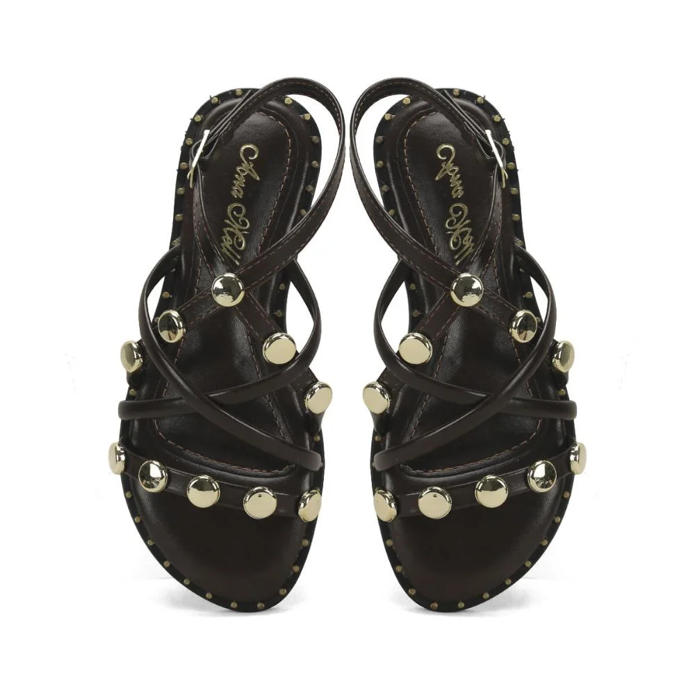 Rasteira confort com esferas ouro café Marrom 2