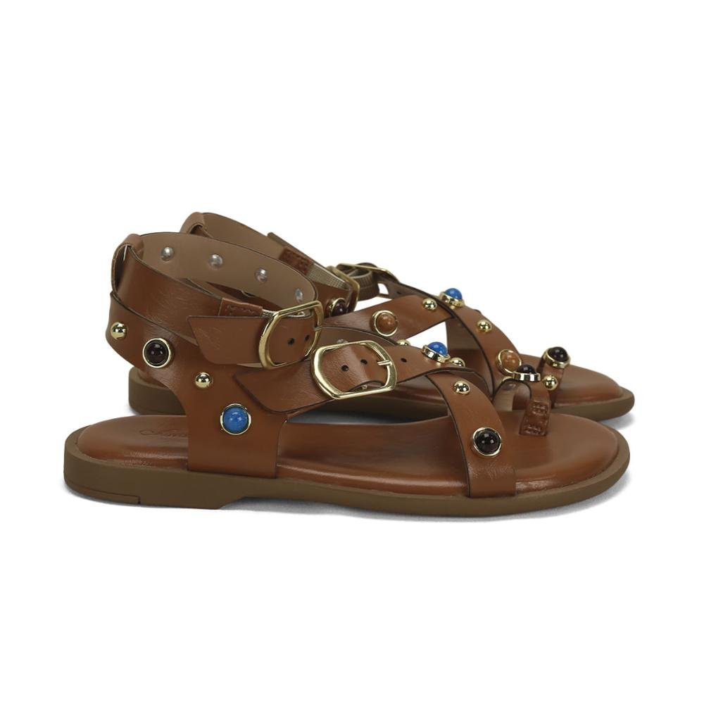 Rasteira flat boho caramelo com pedrarias