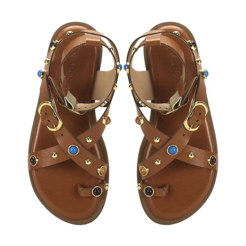 Rasteira flat boho caramelo com pedrarias Marrom 2