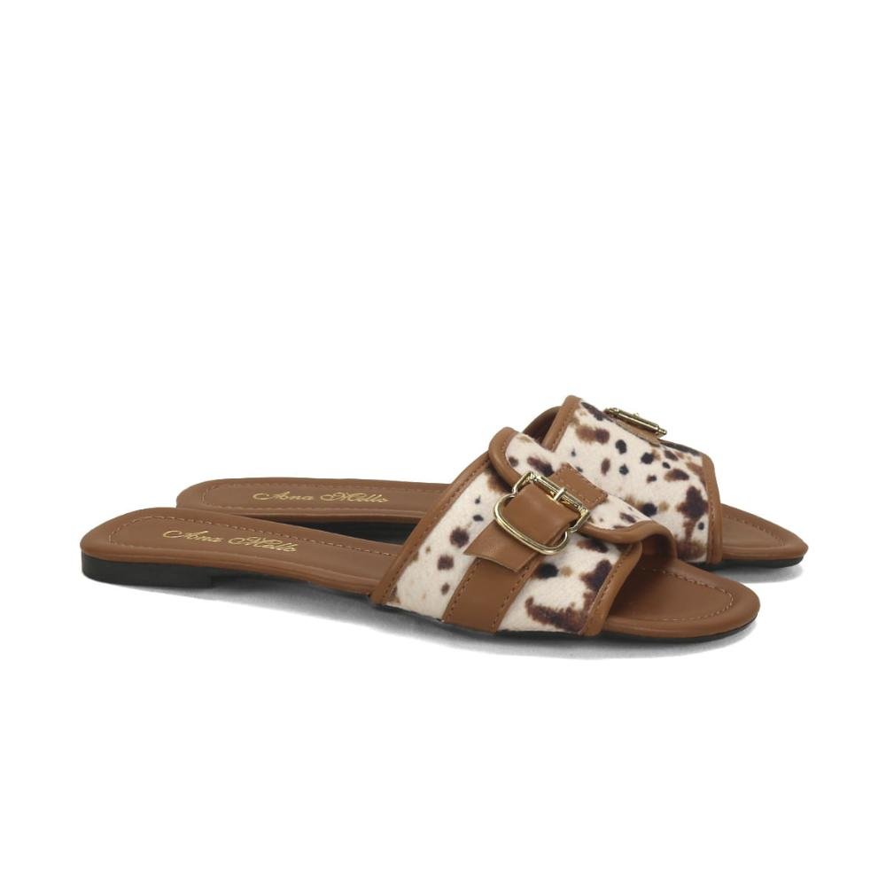 Slide rasteira com fivela cow print