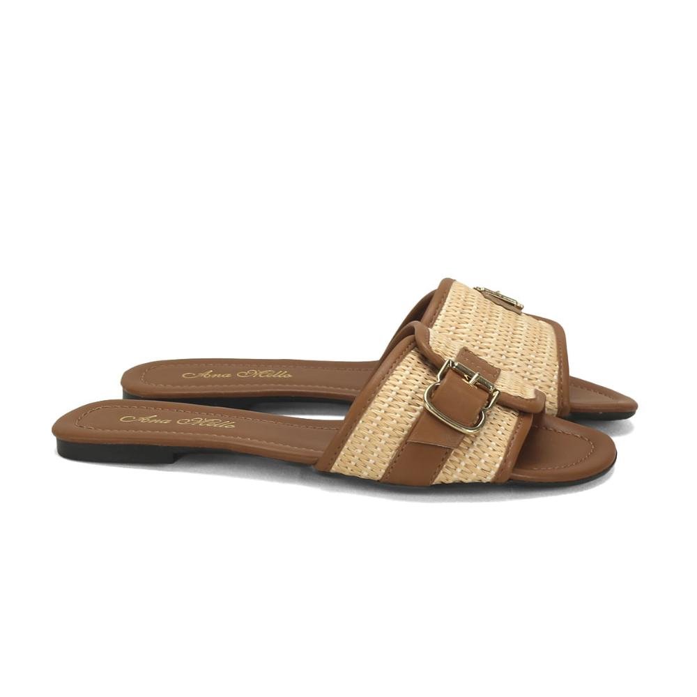Slide rasteira com fivela palha com caramelo