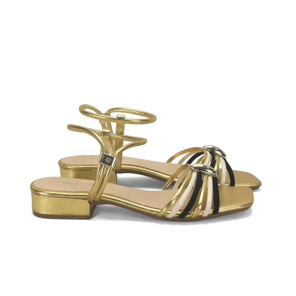 Sandália calce fácil ouro off white e preto metal ouro