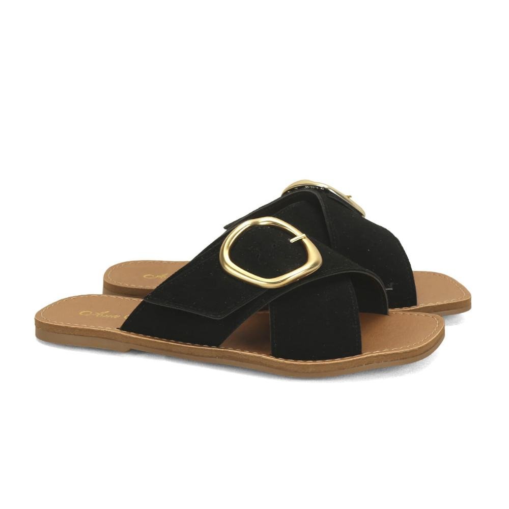 Rasteira em x com fivela camurça preta Preto 1