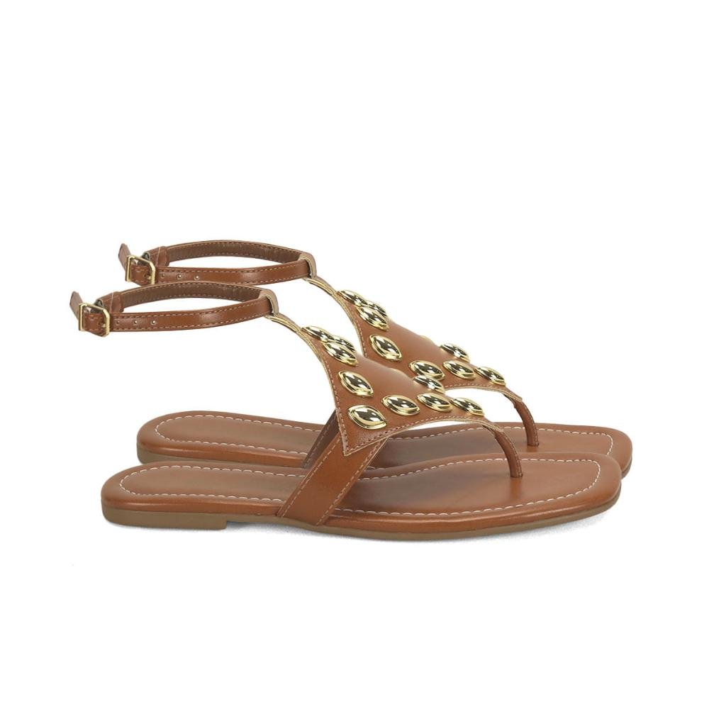 Rasteira boho caramelo com peças ouro