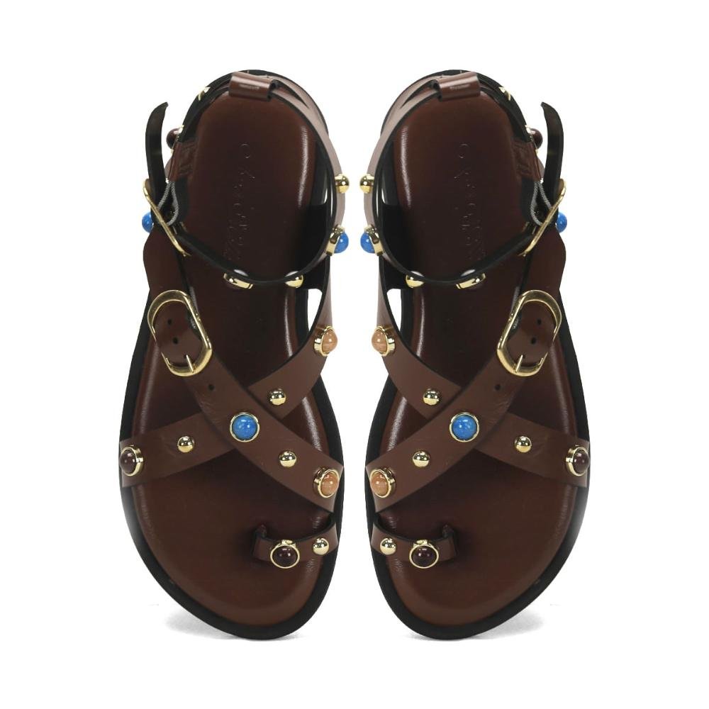 Rasteira flat boho café com pedrarias Marrom 2