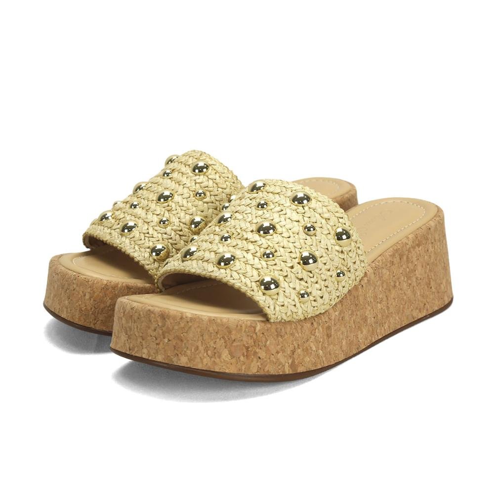 Flatform slide em palha com detalhe ouro light Bege 2