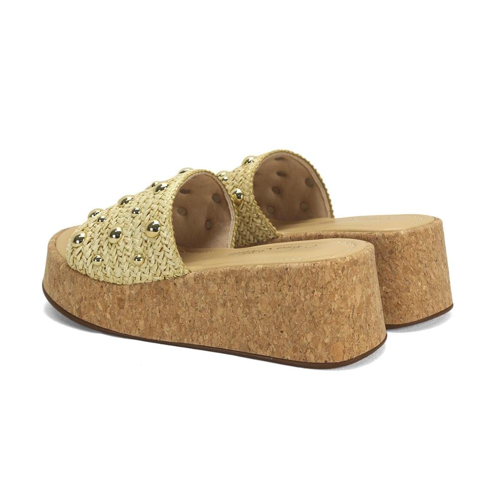 Flatform slide em palha com detalhe ouro light Bege 3
