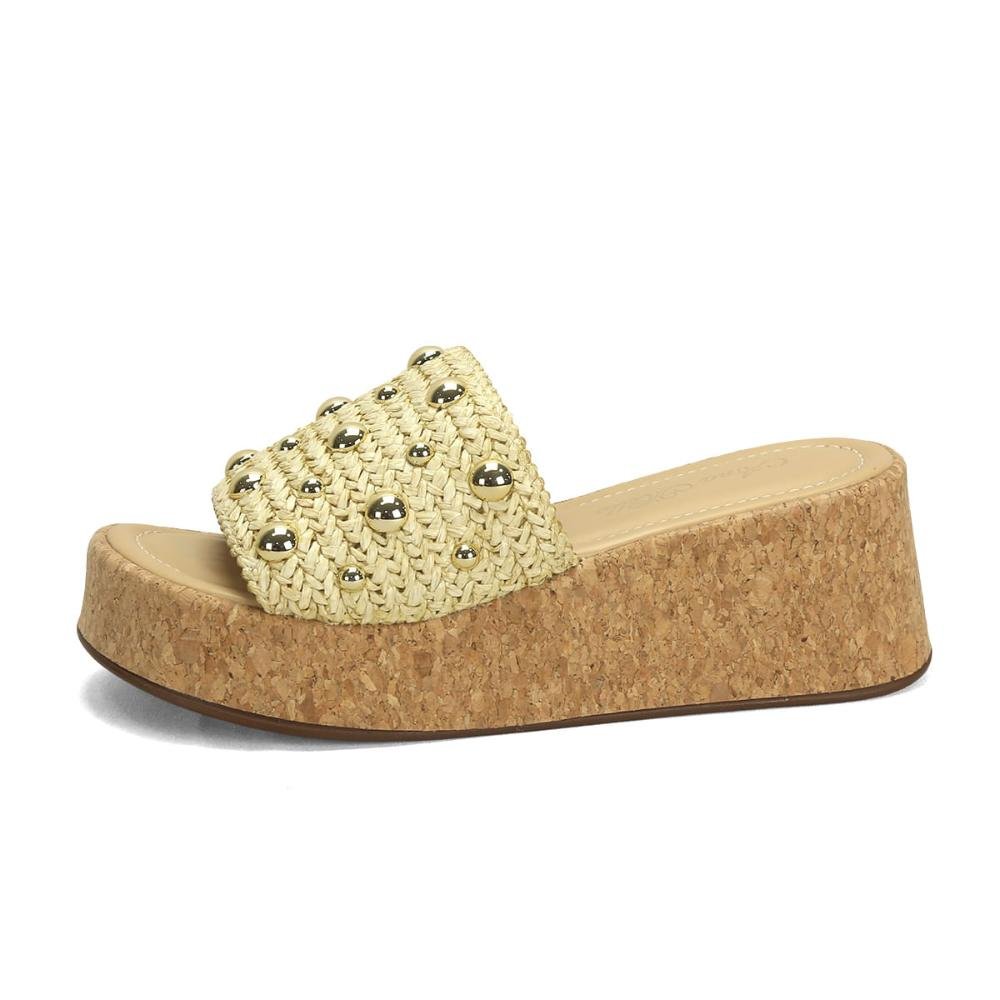 Flatform slide em palha com detalhe ouro light Bege 4