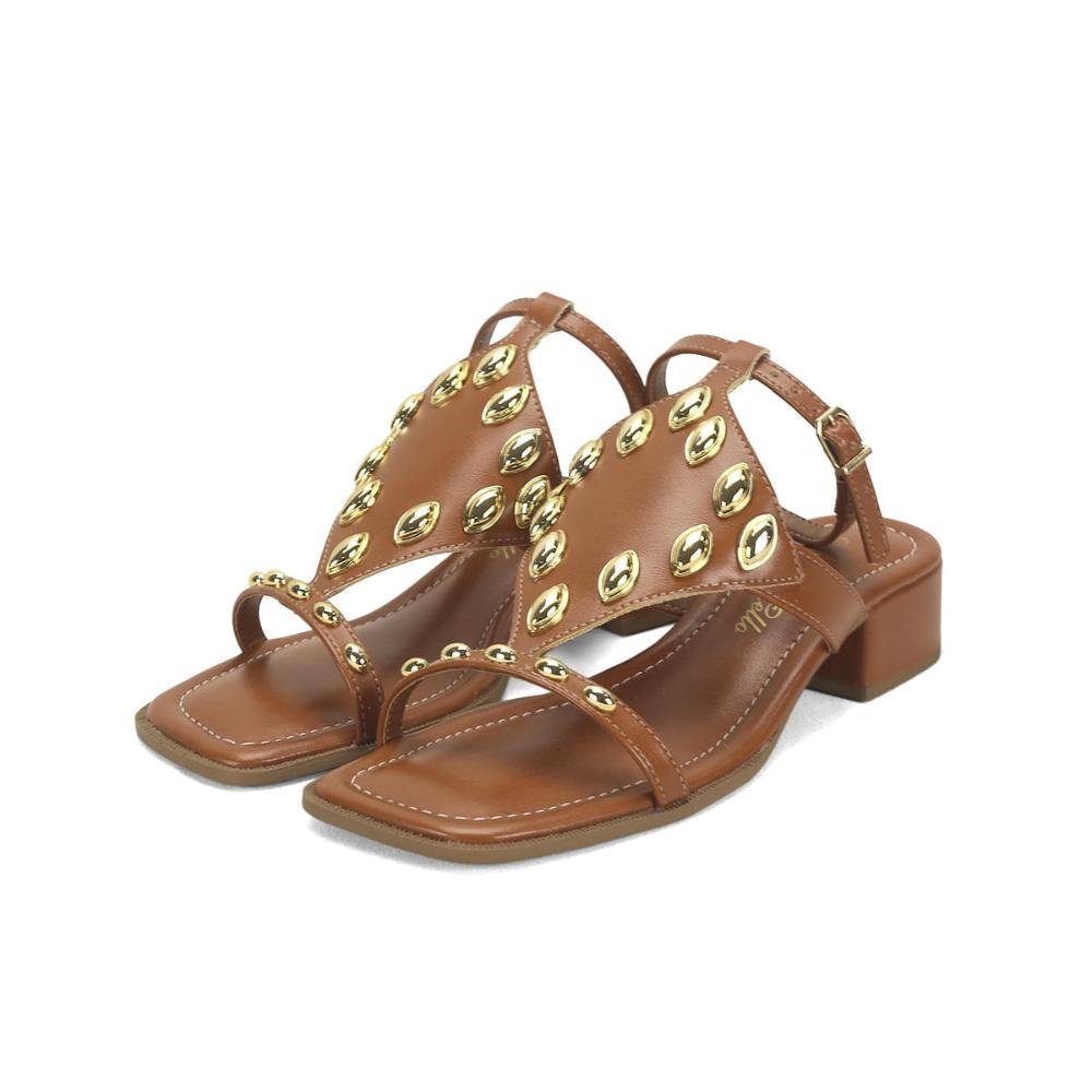 Sandália salto bloco caramelo com peças ouro Marrom 2