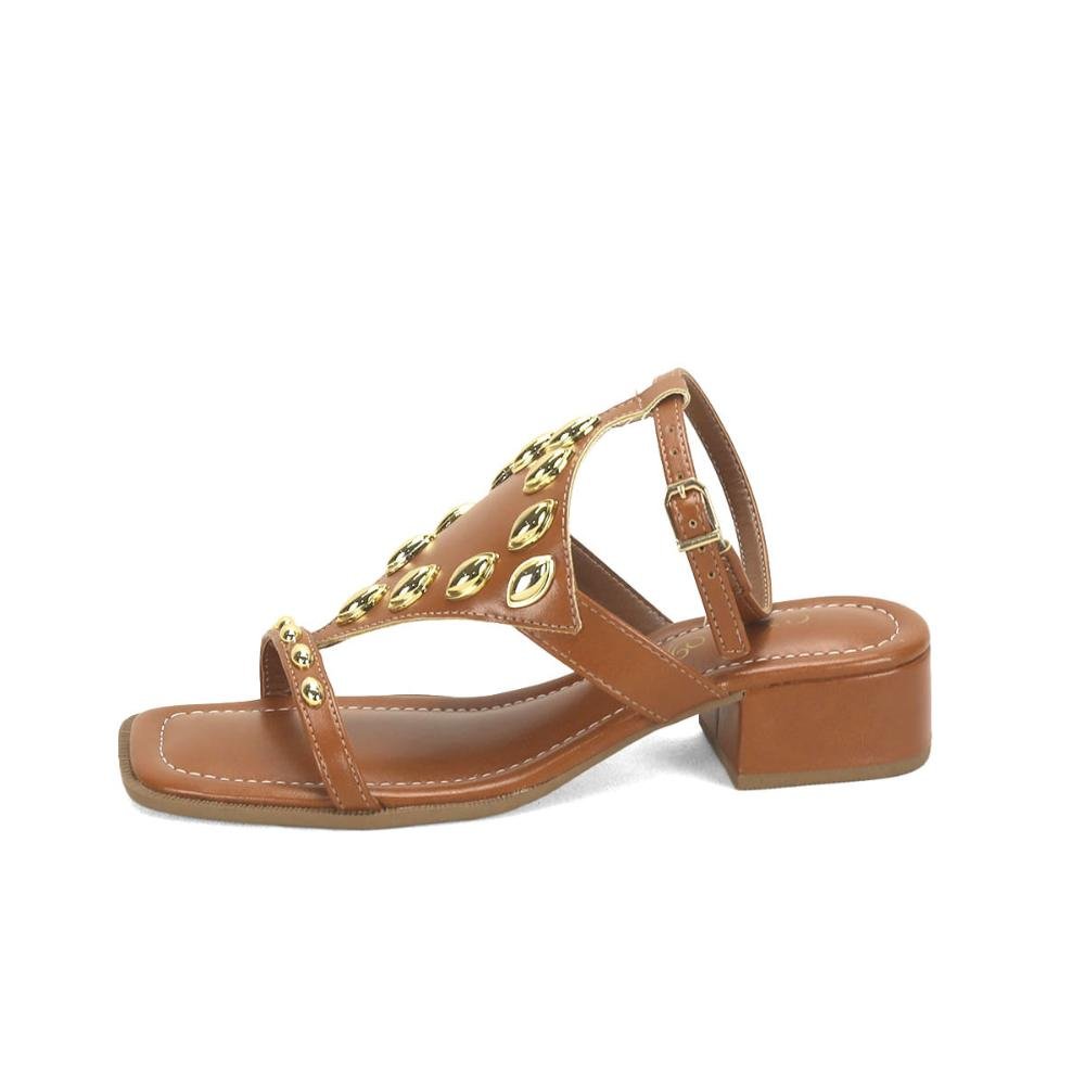 Sandália salto bloco caramelo com peças ouro Marrom 4