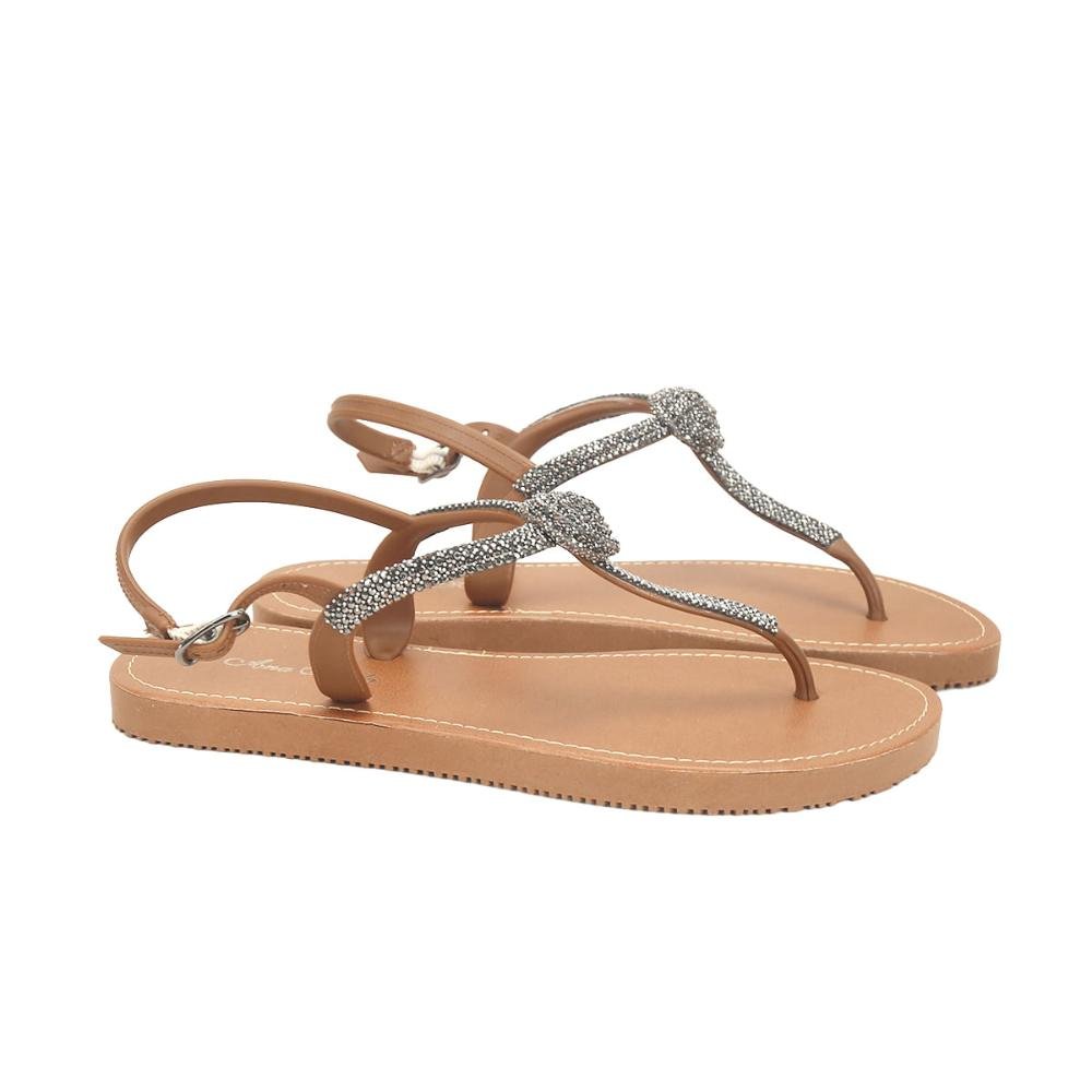 Rasteira emborrachada com pedrarias caramelo