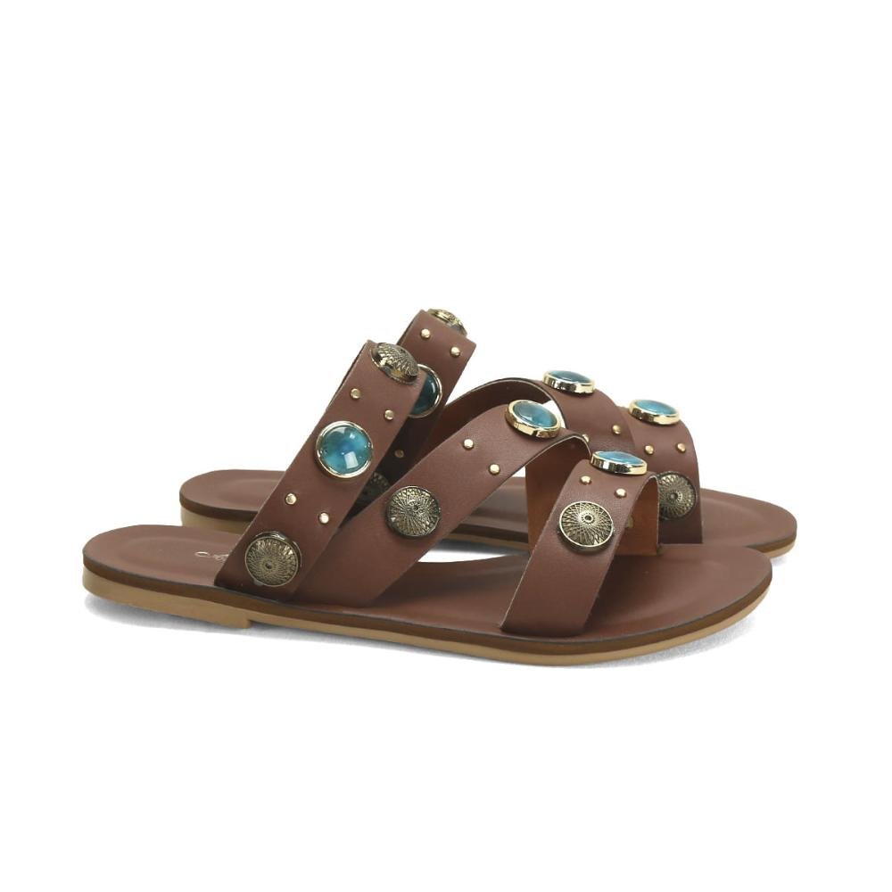 Rasteira café com pedras turquesa