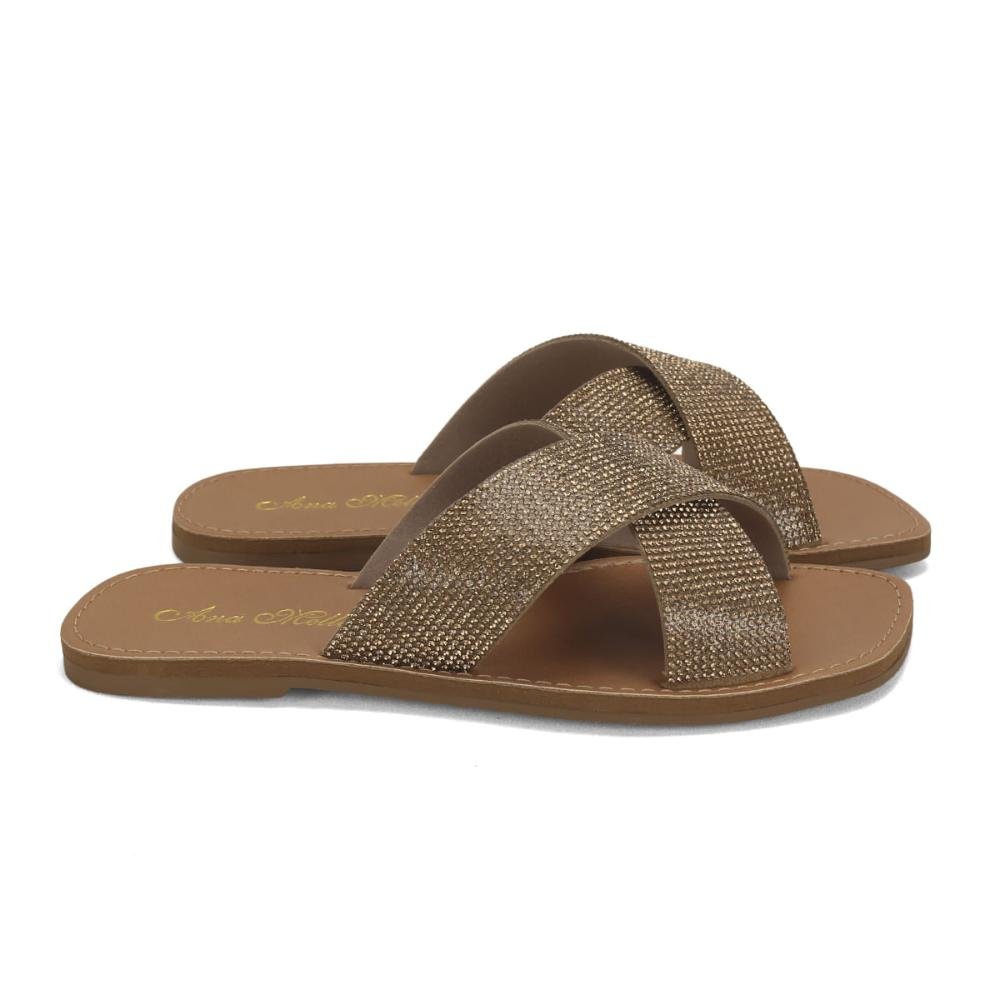 Rasteira em x com strass ouro