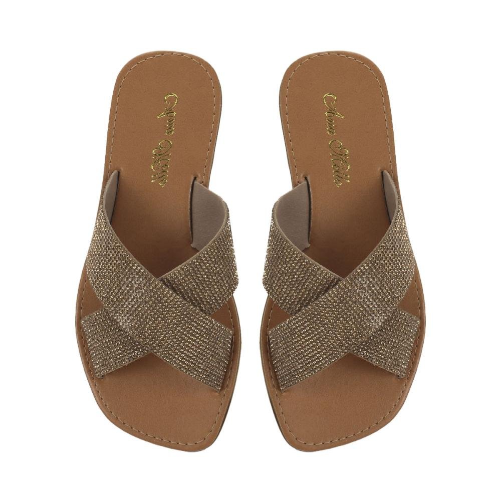 Rasteira em x com strass ouro Marrom 2