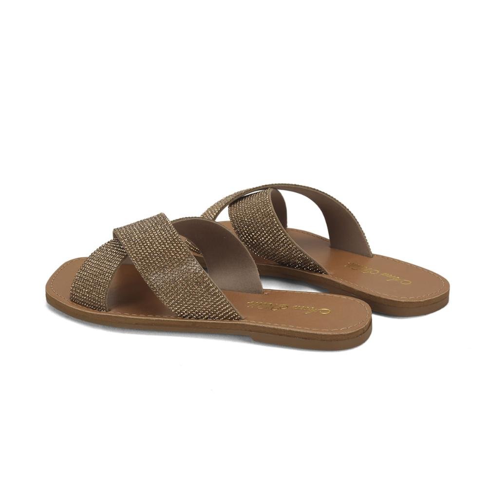 Rasteira em x com strass ouro Marrom 3