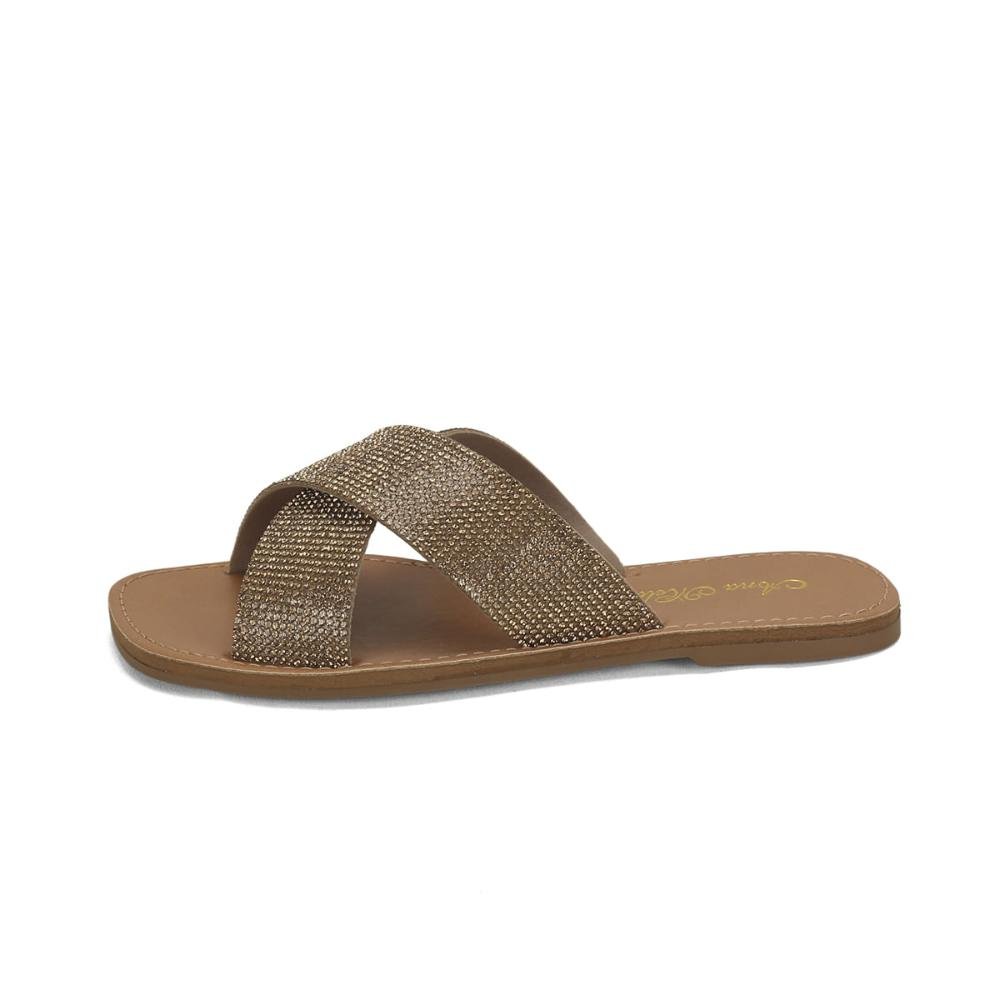 Rasteira em x com strass ouro Marrom 4