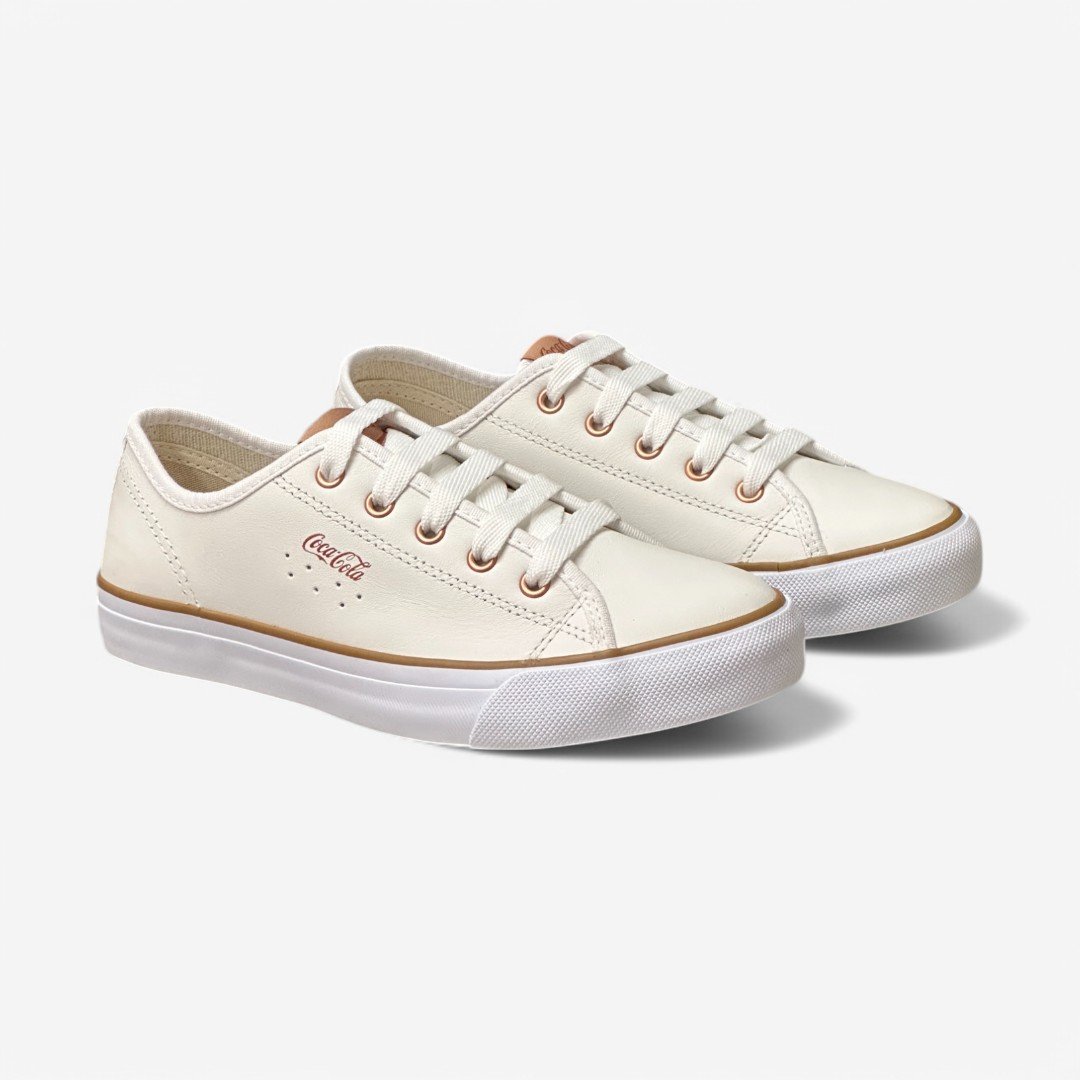 Tênis Coca Cola Casual Feminino em Couro Branco/Cobre 2