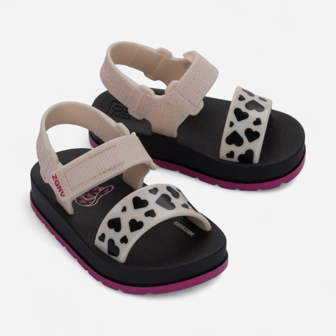 Sandália De Bebê Moderninha Print Zaxynina Corações Off White Claro/Coracao 2