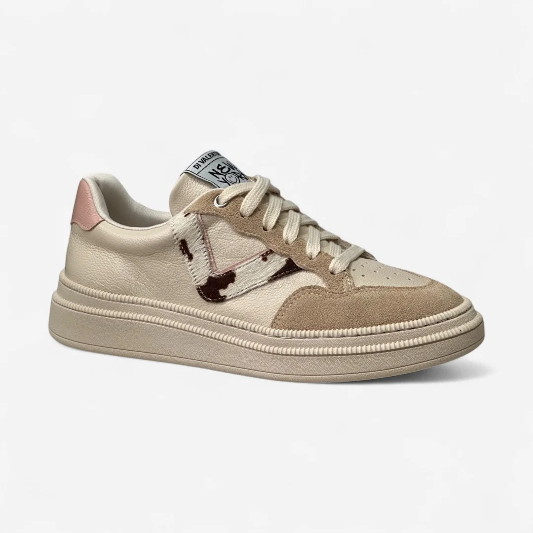 Tênis Di Valentini Casual Em Couro Off White Areia/Animal Print 2