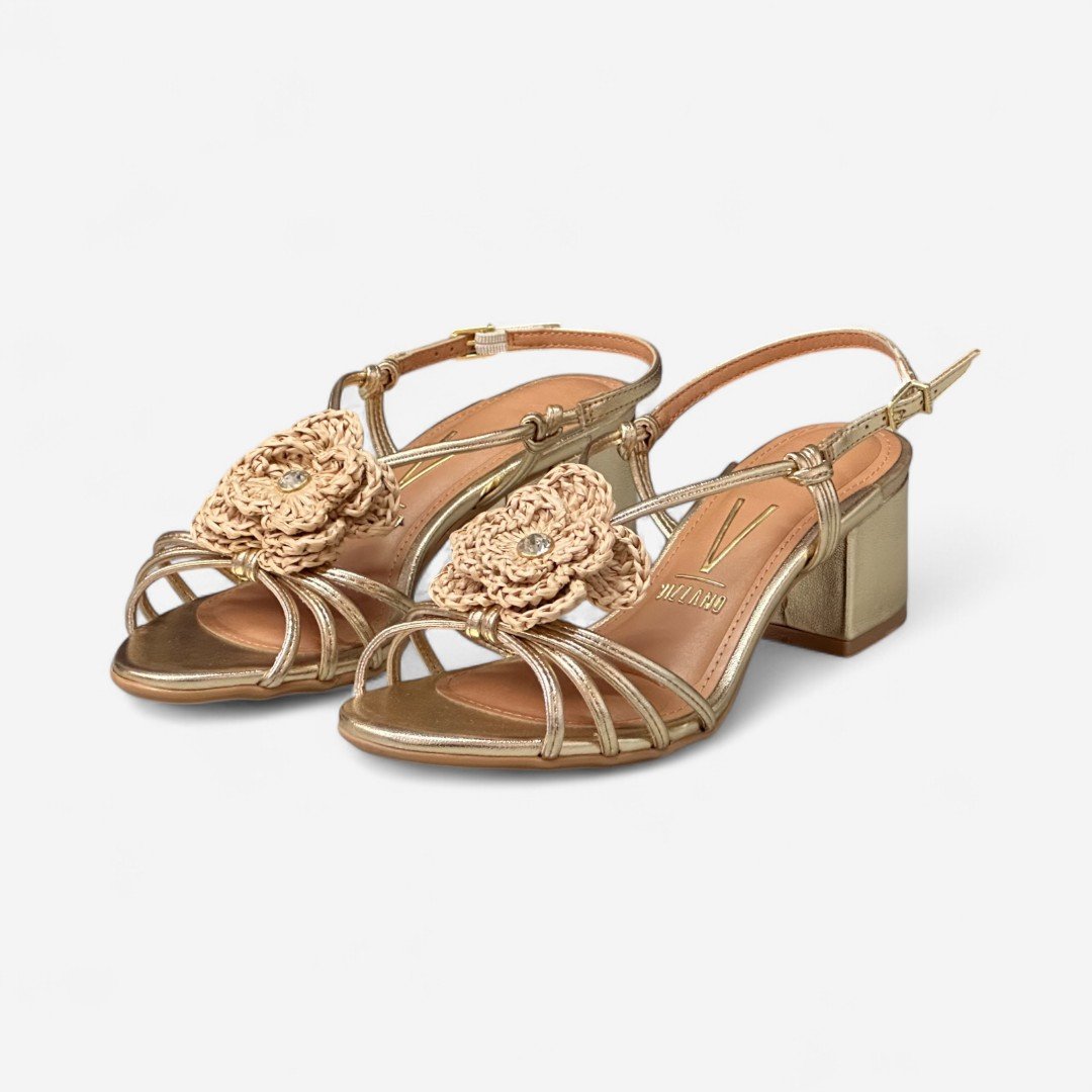 Sandália Vizzano Salto Bloco Detalhe Flor Dourada Dourado 2