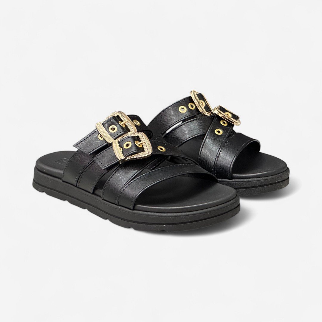 Tamanco Moleca Papete Com Fivelas Preto Preto 3