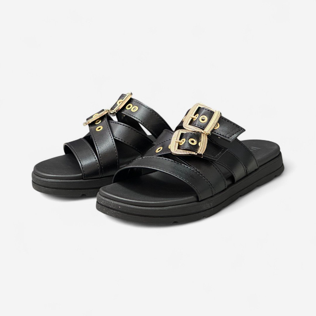 Tamanco Moleca Papete Com Fivelas Preto Preto 4