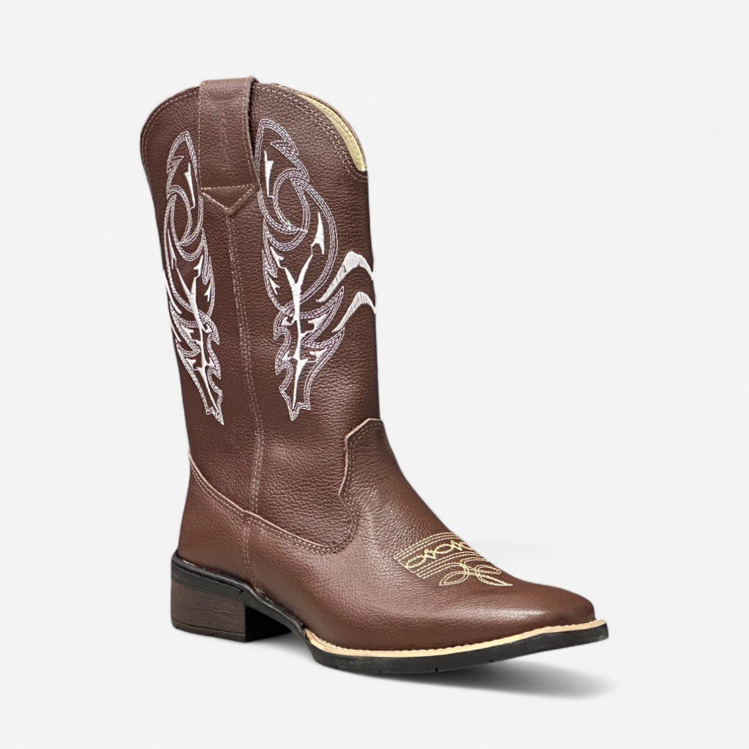 Bota Country Cano Longo Em Couro Marrom Pinhão 3