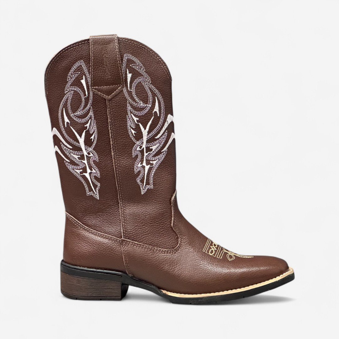 Bota Country Cano Longo Em Couro Marrom