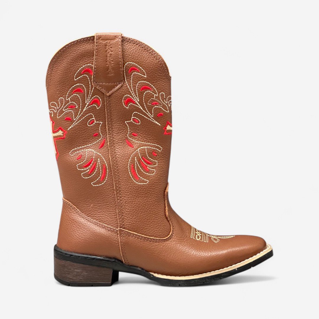 Bota Country Cano Longo Em Couro Conhaque