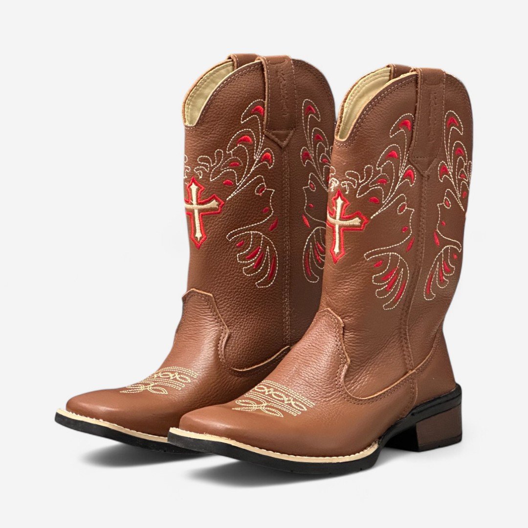 Bota Country Cano Longo Em Couro Conhaque Marrom 2