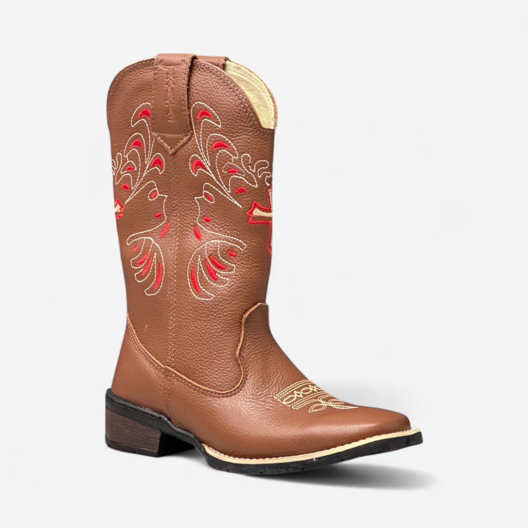 Bota Country Cano Longo Em Couro Conhaque Marrom 3