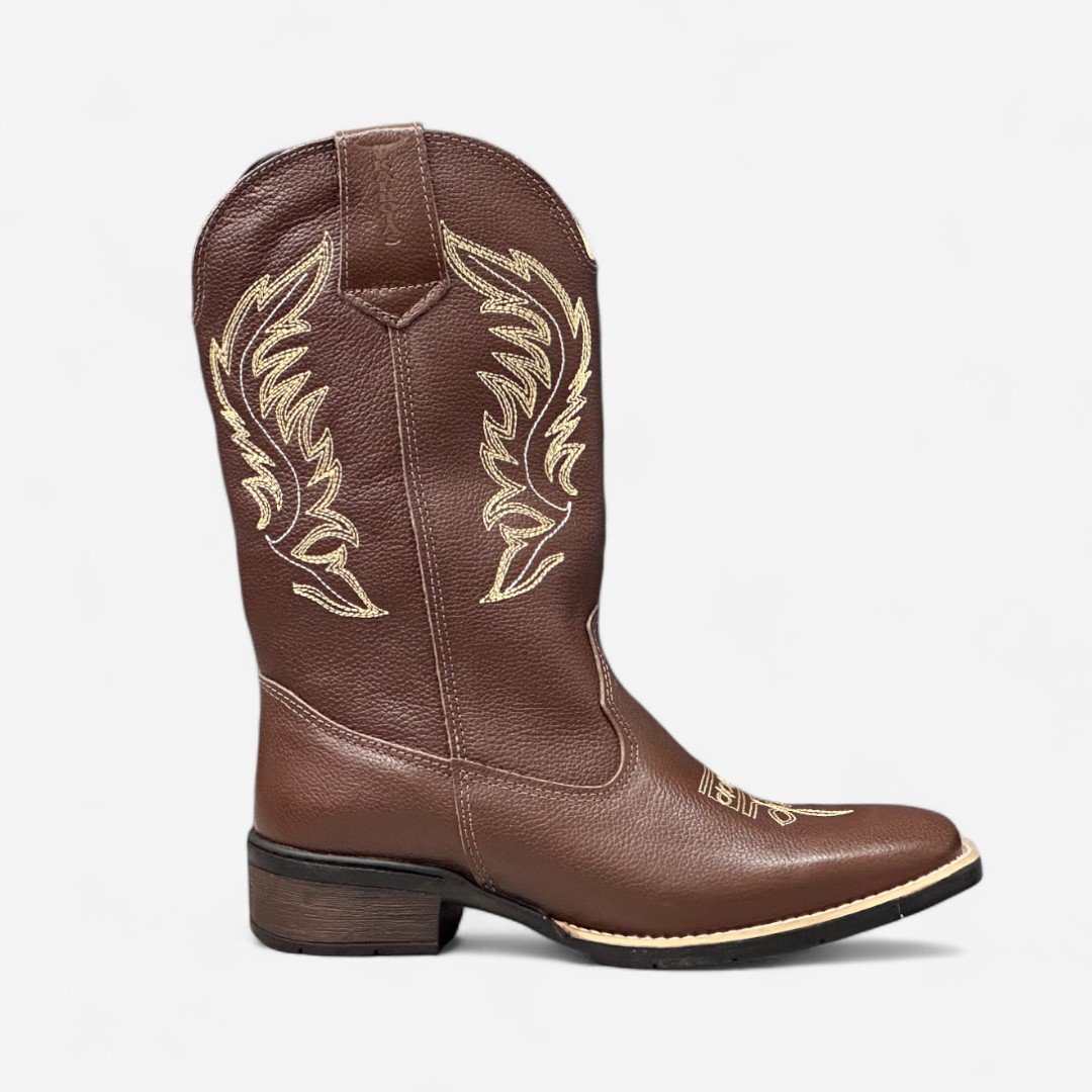 Bota Country Cano Longo Em Couro Marrom