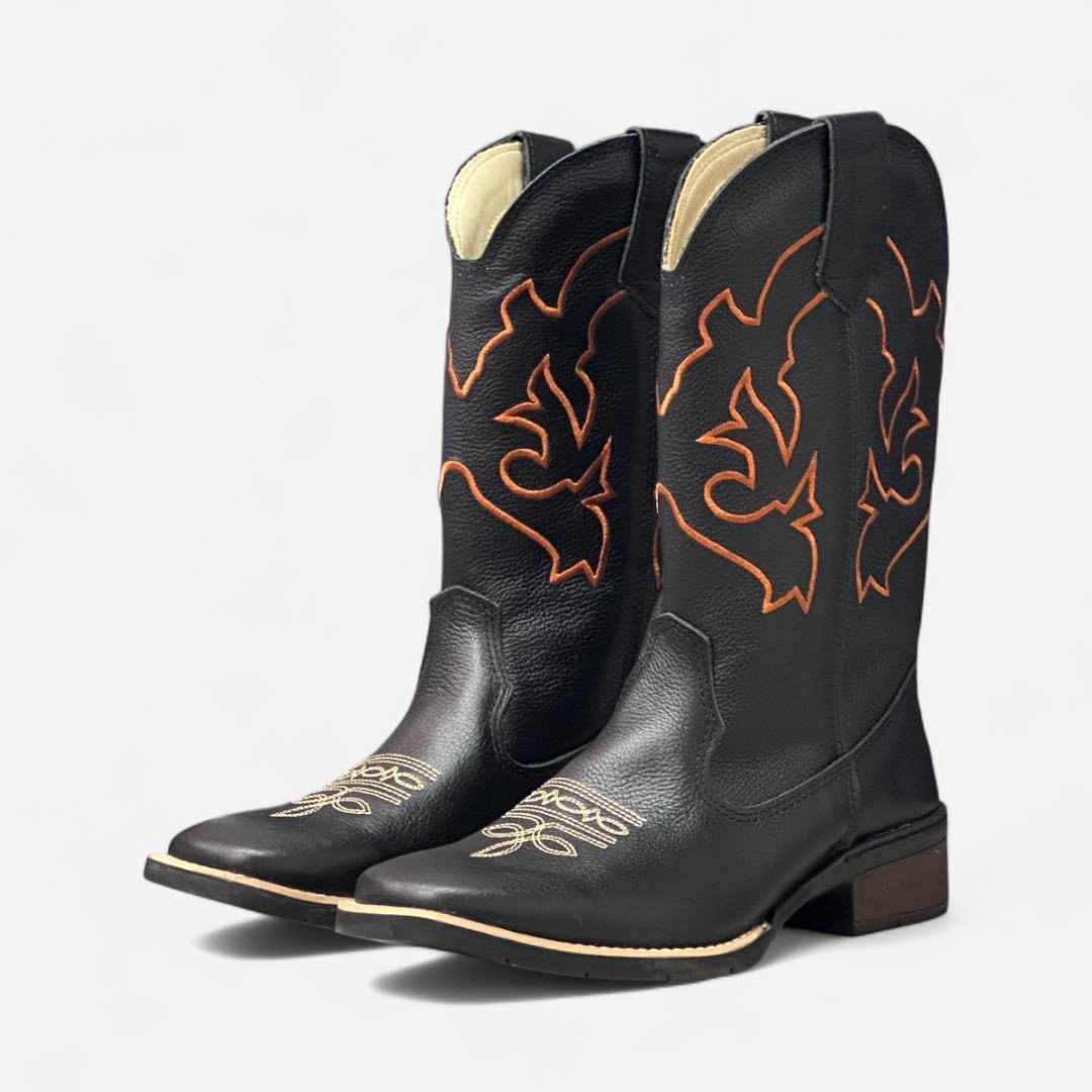 Bota Country Cano Longo Em Couro Preto Preto 2