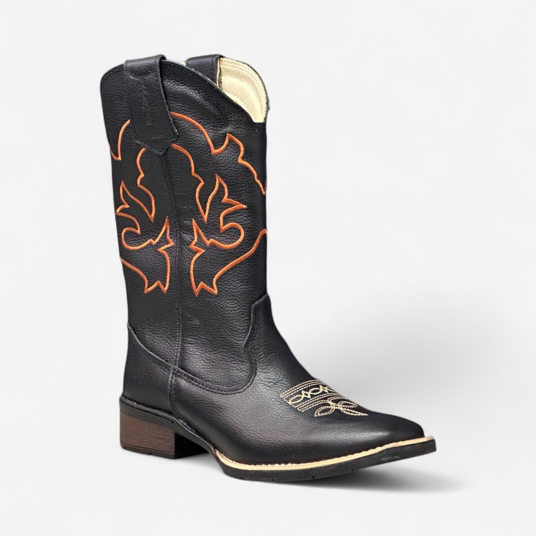 Bota Country Cano Longo Em Couro Preto Preto 3