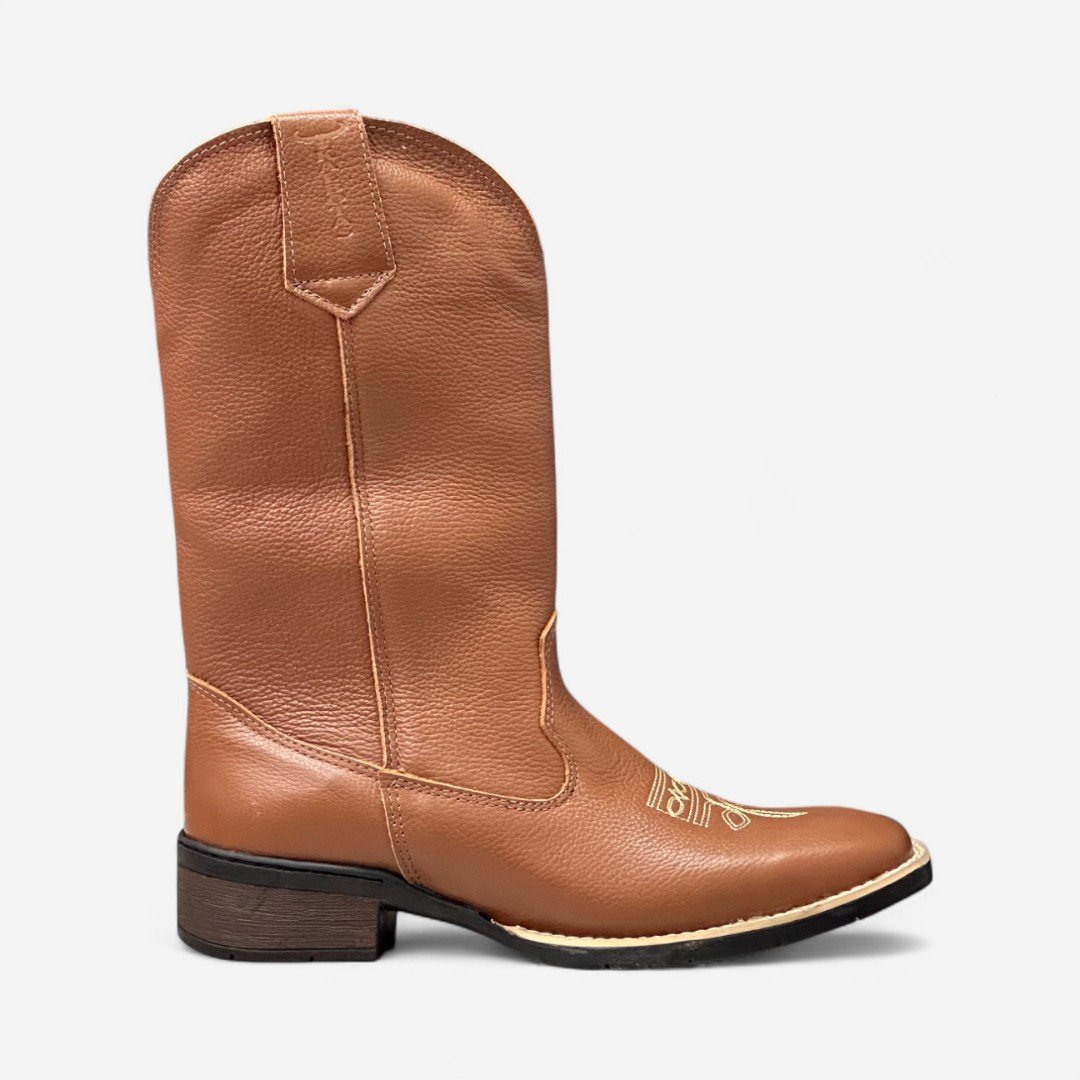 Bota Country Cano Longo Em Couro Conhaque