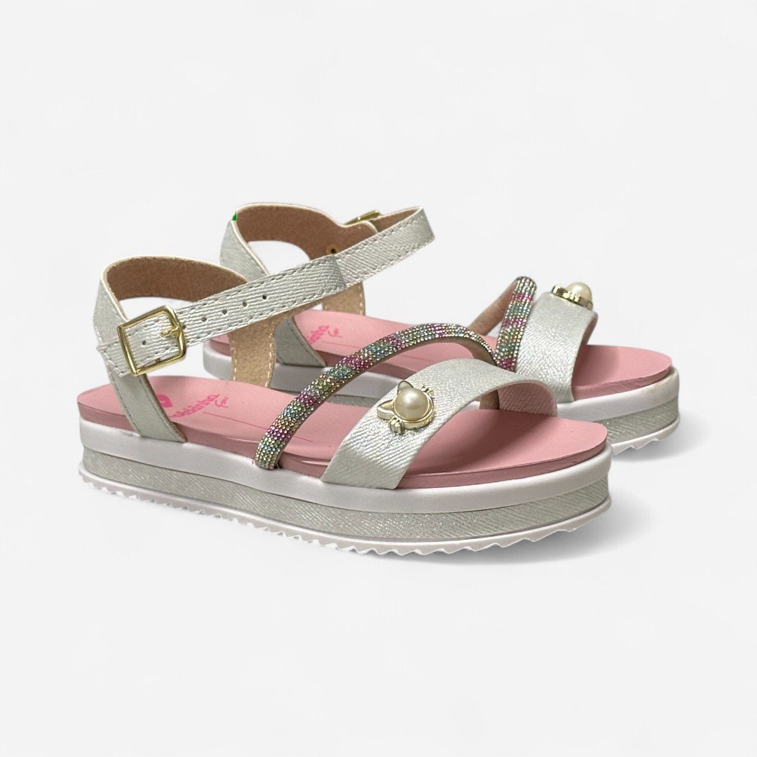 Sandália Flat Molekinha Infantil Prata Prata/Multi Rosa 3