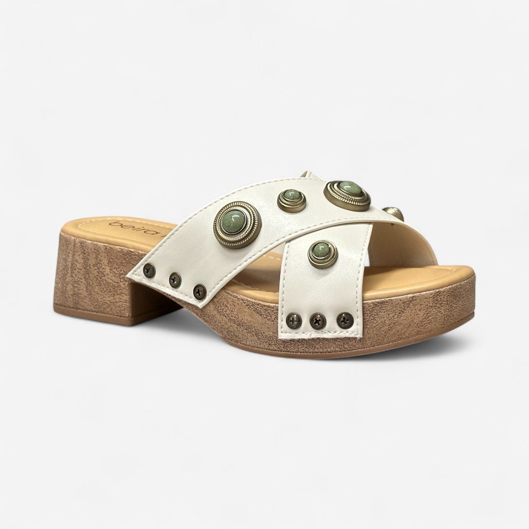 Tamanco Beira Rio Boho Chic Salto Madeira Off White Branco Off/Verde 2