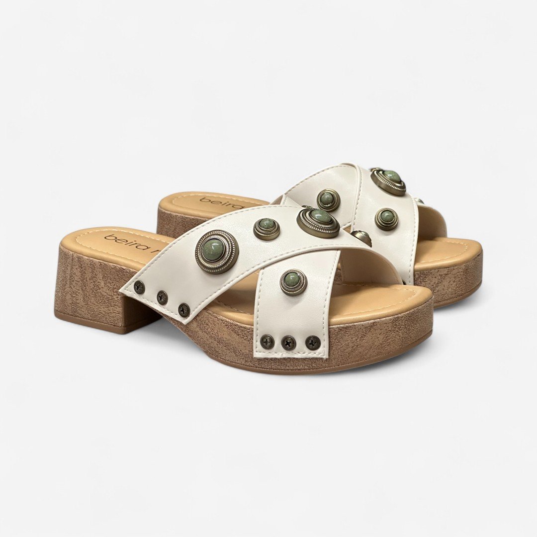 Tamanco Beira Rio Boho Chic Salto Madeira Off White Branco Off/Verde 3