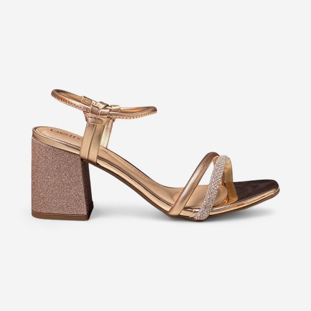 Sandália Beira Rio Salto Bloco Metalizada Rosê Ouro Rosado