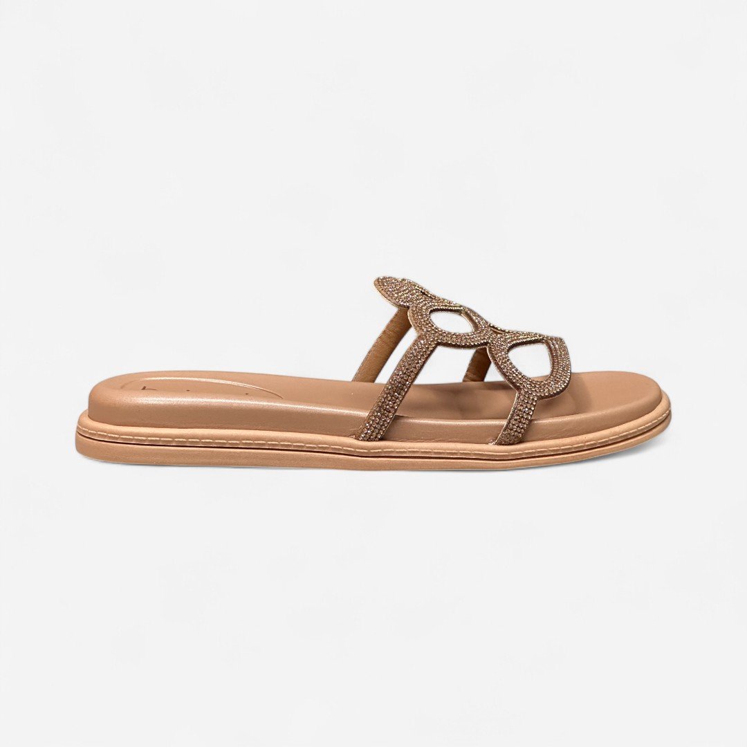 Chinelo Papete Beira Rio Com Strass Detalhe Cobra Nude