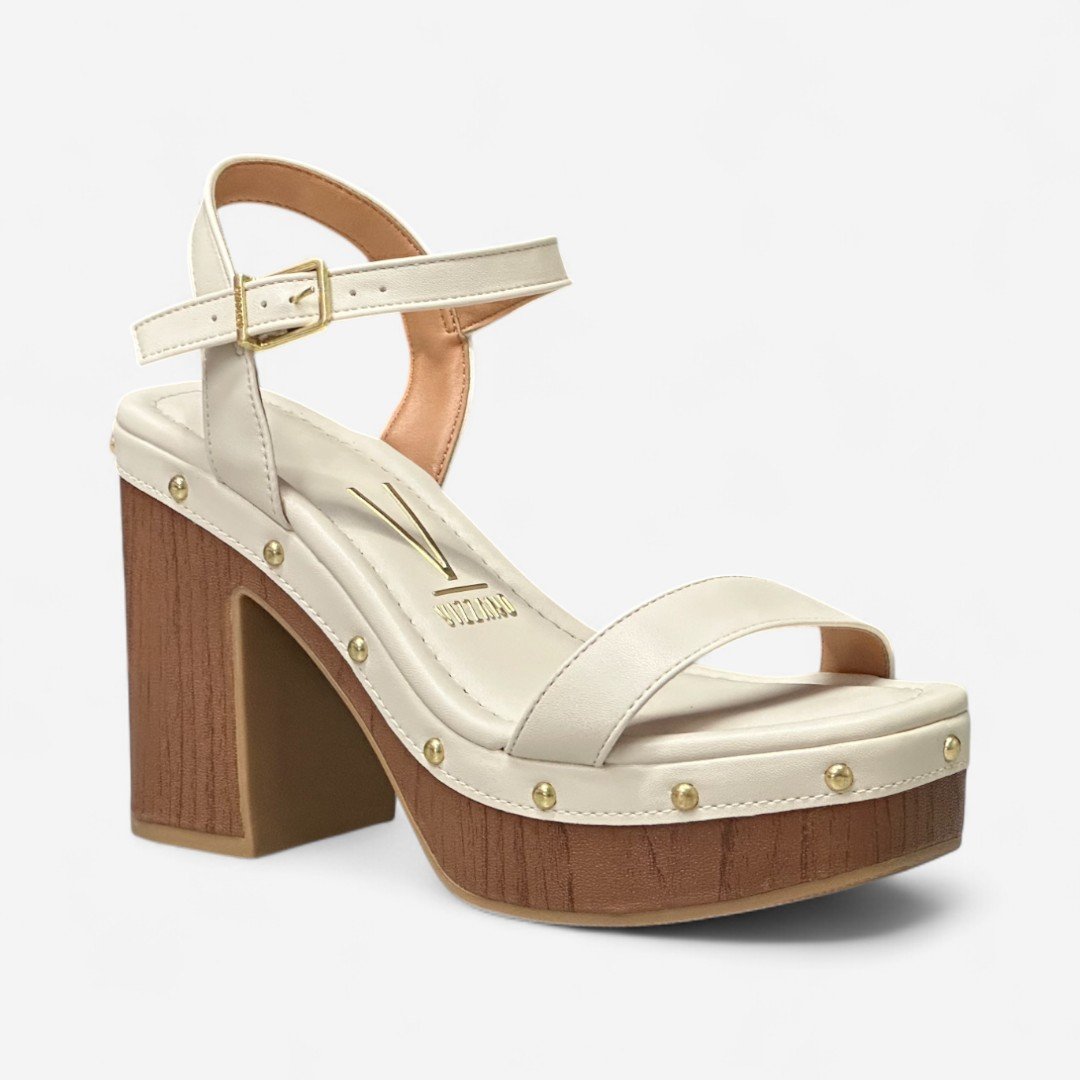 Sandália Vizzano Salto Bloco Com Rebites Off White Branco Off 2