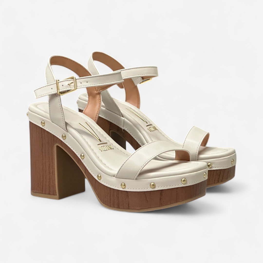 Sandália Vizzano Salto Bloco Com Rebites Off White Branco Off 3